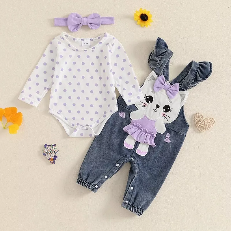 Baby Girl Long Sleeve Dots Romper with Cat Denim Overall & Headband Set