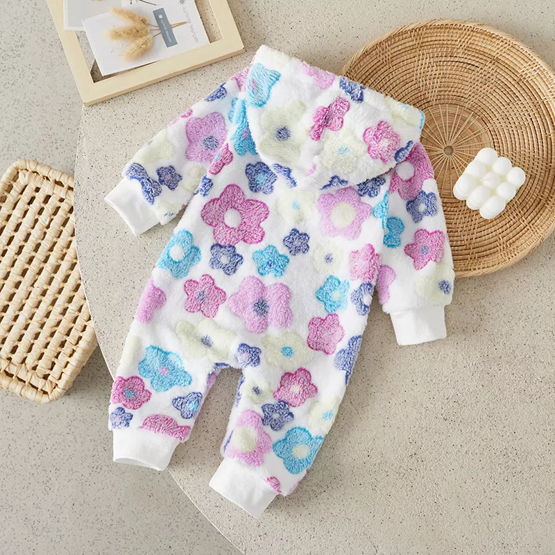 Baby Girl Winter Hooded Romper - Floral Print Fleece Jumpsuit for Warmth - Image 3
