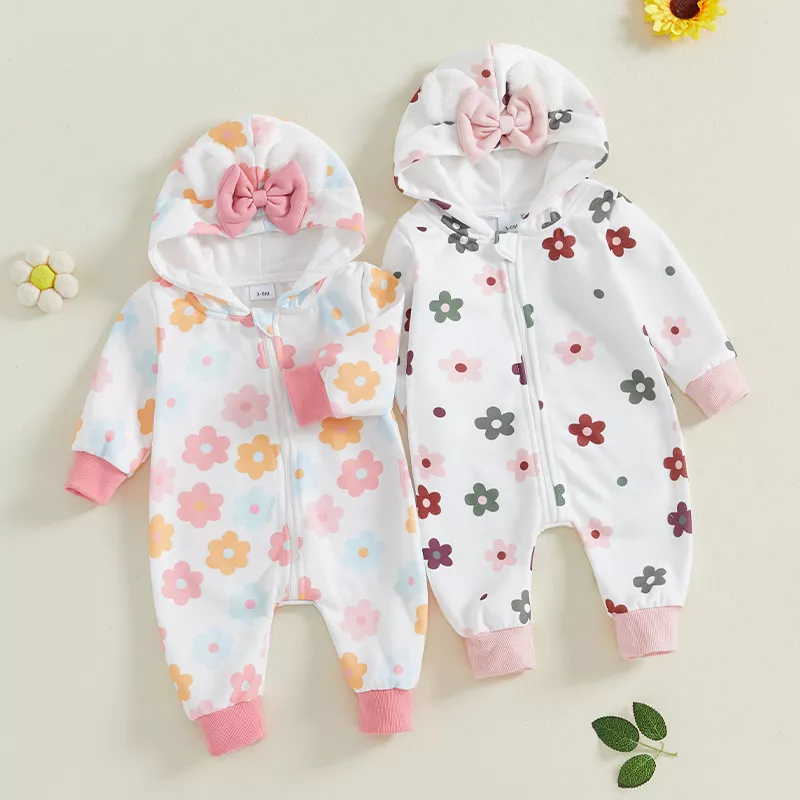 Baby Plush Bear Ears Hooded Floral Fleece Jumpsuit - Image 2