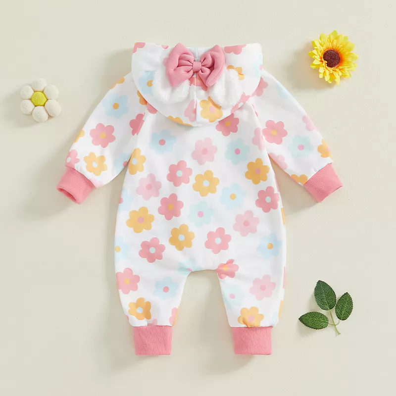 Baby Plush Bear Ears Hooded Floral Fleece Jumpsuit - Image 4