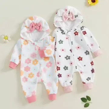 Baby Plush Bear Ears Hooded Floral Fleece Jumpsuit