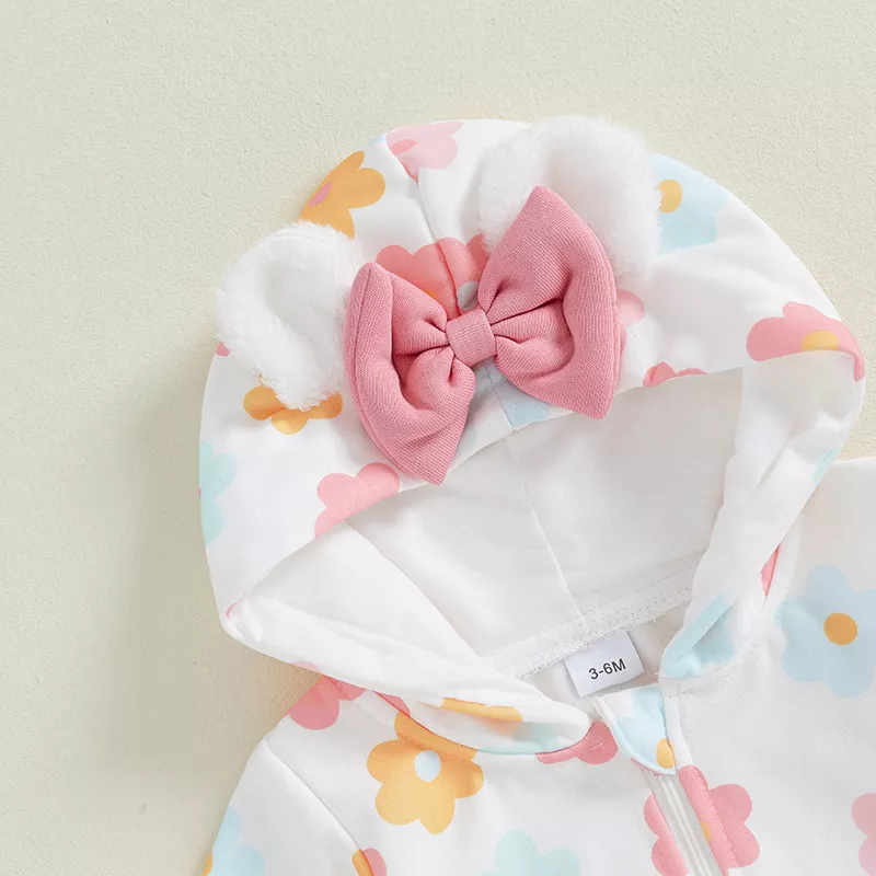 Baby Plush Bear Ears Hooded Floral Fleece Jumpsuit - Image 5
