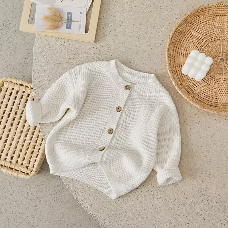 Baby Knitted Cardigan - Long Sleeve Solid Color Button-Up Sweater