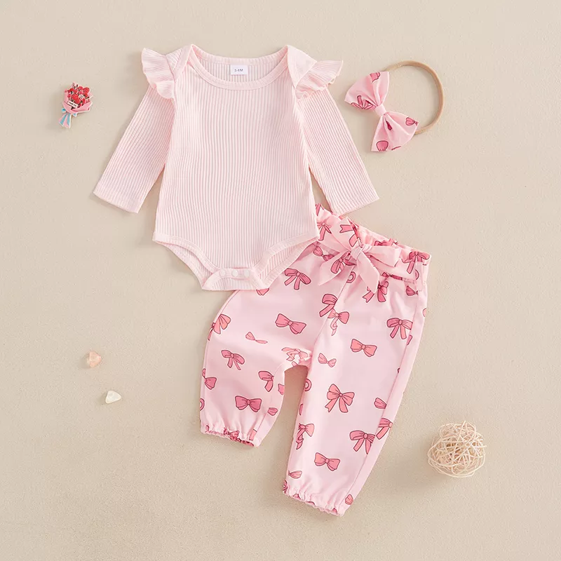 Baby Girl 3-Piece Fall Outfit - Ribbed Romper + Bow Print Pants + Headband Set - Image 3