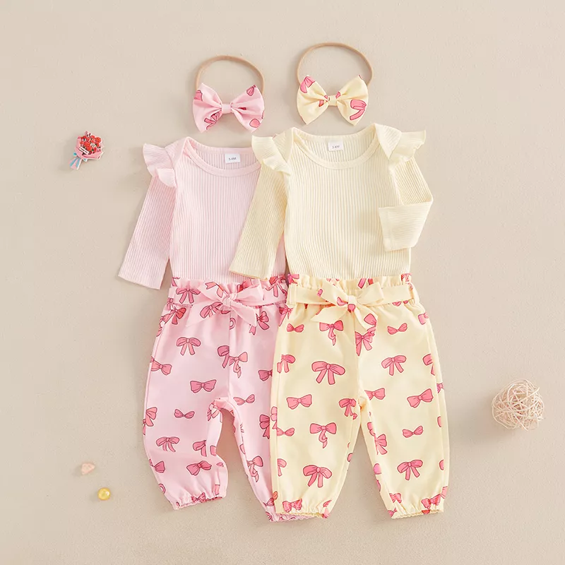 Baby Girl 3-Piece Fall Outfit - Ribbed Romper + Bow Print Pants + Headband Set - Image 2