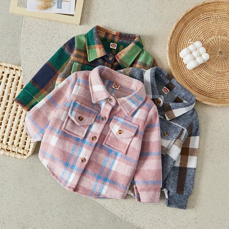 Kids Plaid Flannel Jackets - Lapel Long Sleeve Button Down Warm Fall Winter Coats