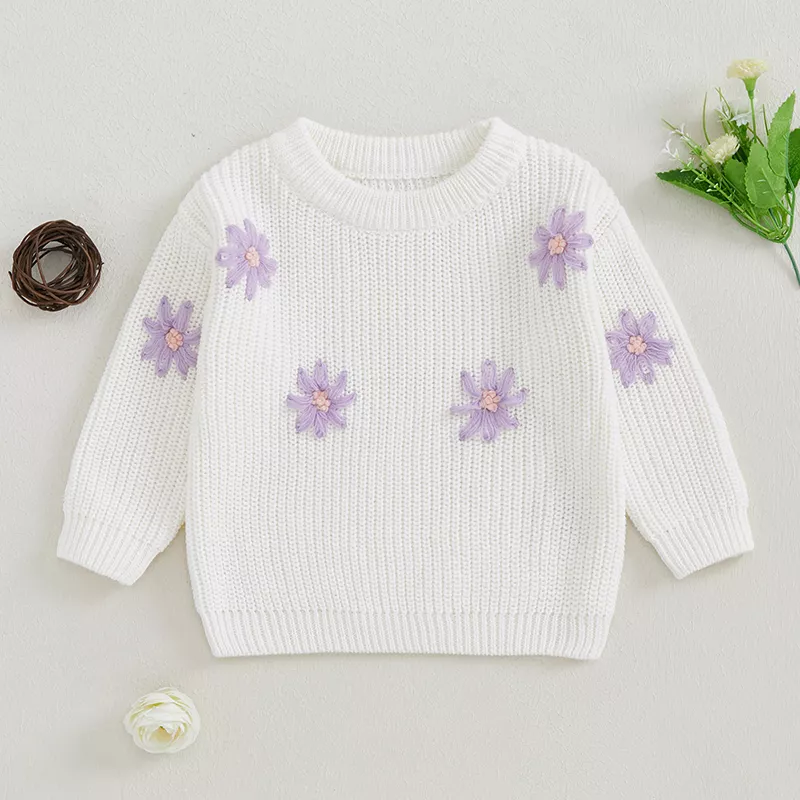 Newborn Baby Girls Fall Winter Knitted Sweater with Flower Embroidery - Image 4