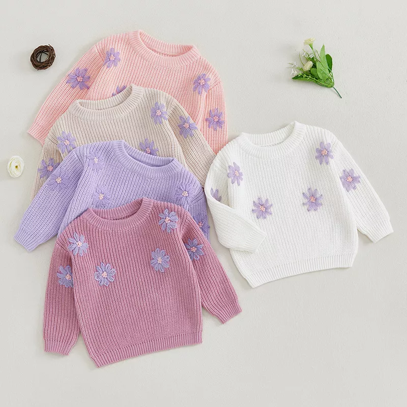Newborn Baby Girls Fall Winter Knitted Sweater with Flower Embroidery - Image 2