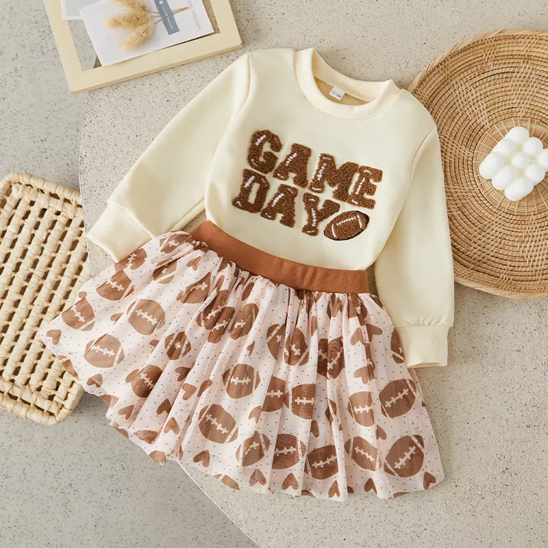 Toddler Girl Fall Outfits - Long Sleeve Rugby Sweatshirt & Mini Skirt 2Pcs Set - Image 4