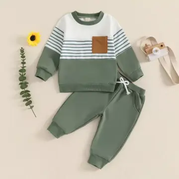 Kids Boys 2-Piece Fall Outfit - Striped Sweatshirt & Elastic Waist Sweatpants Set