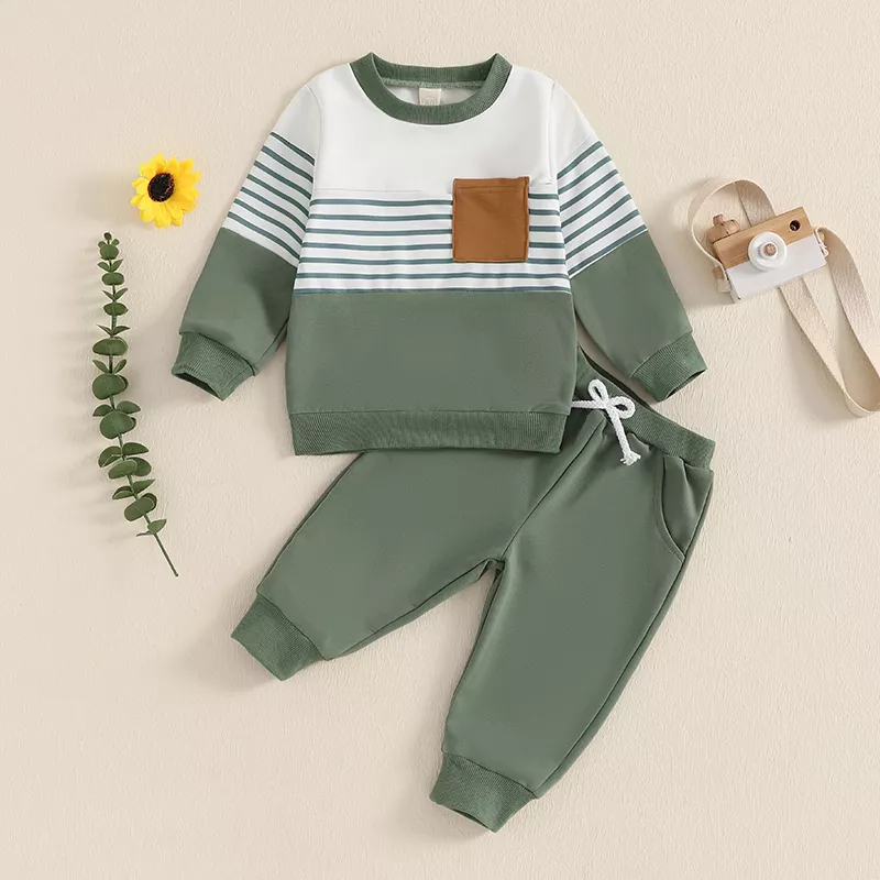 Kids Boys 2-Piece Fall Outfit - Striped Sweatshirt & Elastic Waist Sweatpants Set - Image 2