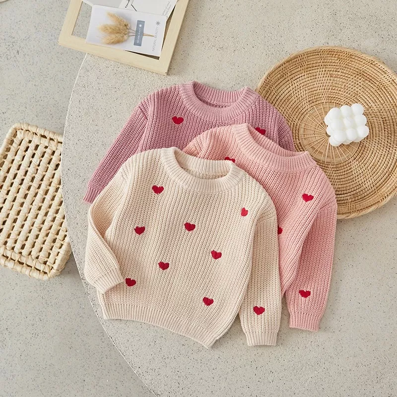 Newborn Baby Knitted Sweater - Heart Embroidery Long Sleeve Loose Pullover