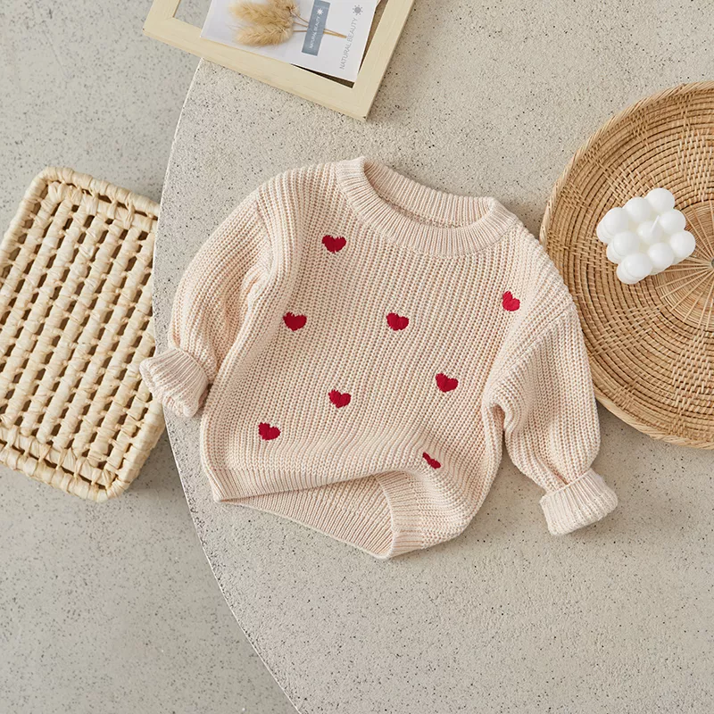 Newborn Baby Knitted Sweater - Heart Embroidery Long Sleeve Loose Pullover - Image 5