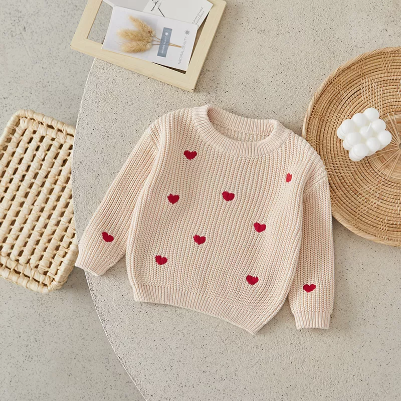Newborn Baby Knitted Sweater - Heart Embroidery Long Sleeve Loose Pullover - Image 3