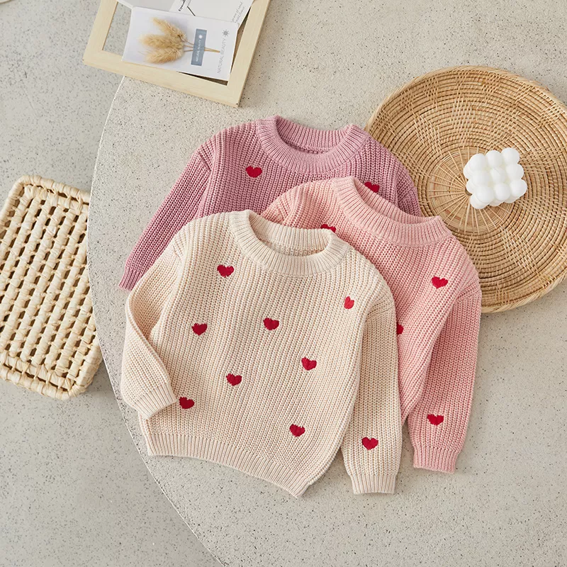Newborn Baby Knitted Sweater - Heart Embroidery Long Sleeve Loose Pullover - Image 2