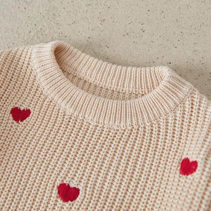 Newborn Baby Knitted Sweater - Heart Embroidery Long Sleeve Loose Pullover - Image 6