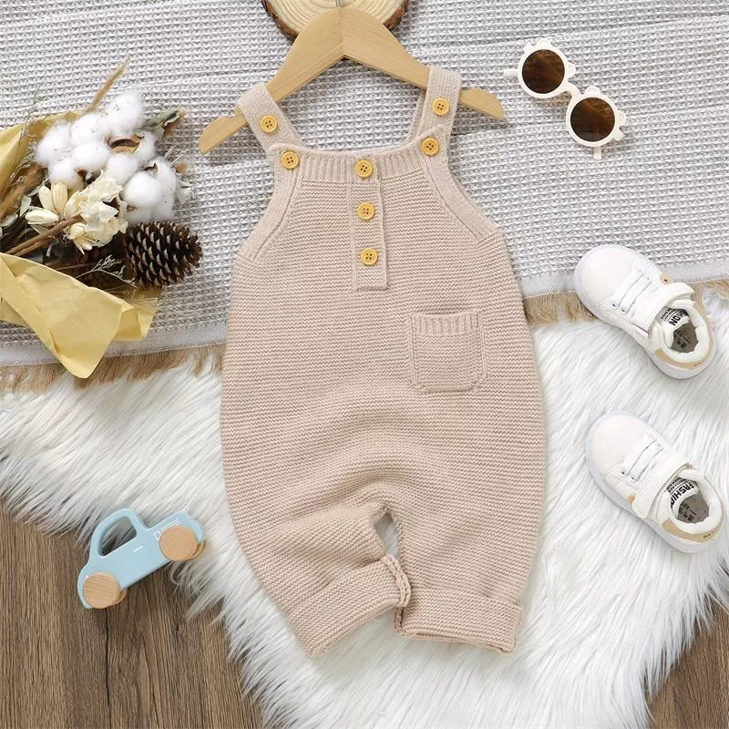 Baby Knitted Sweater Rompers - Button-Up Sleeveless Jumpsuit for Fall & Winter