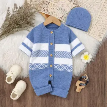 Adorable Baby Knitted Romper and Beanie Set – Long Sleeve, Button Down Jumpsuit