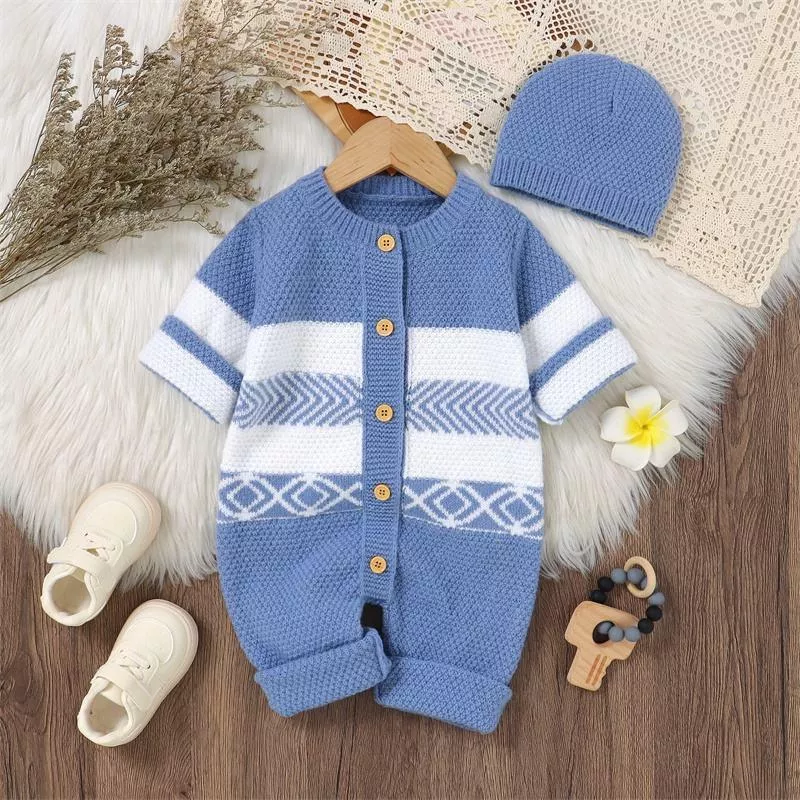 Adorable Baby Knitted Romper and Beanie Set – Long Sleeve, Button Down Jumpsuit