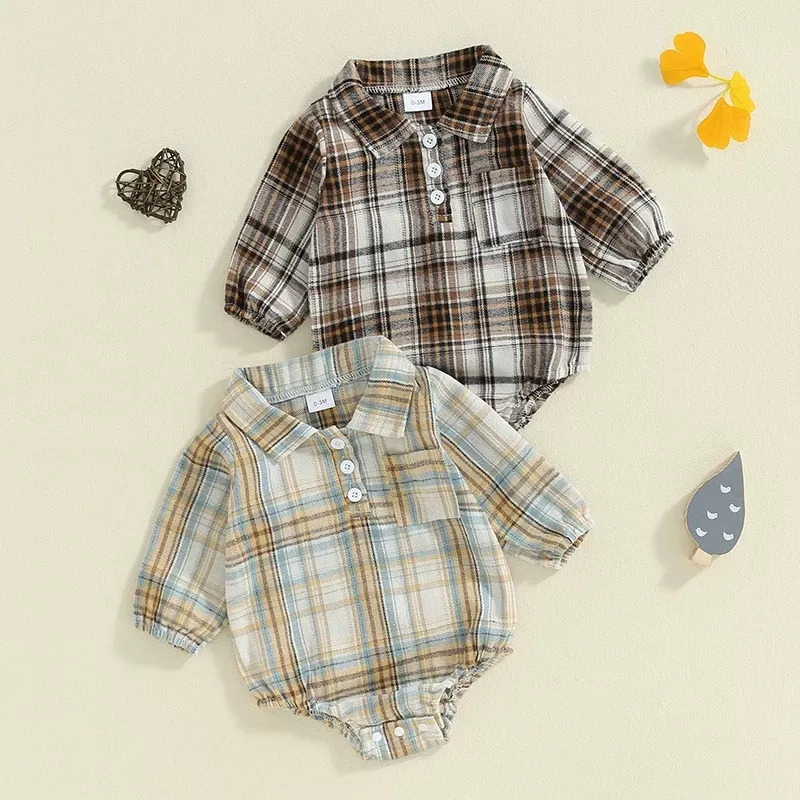 Baby Boy Plaid Romper with Lapel Neck - Image 2
