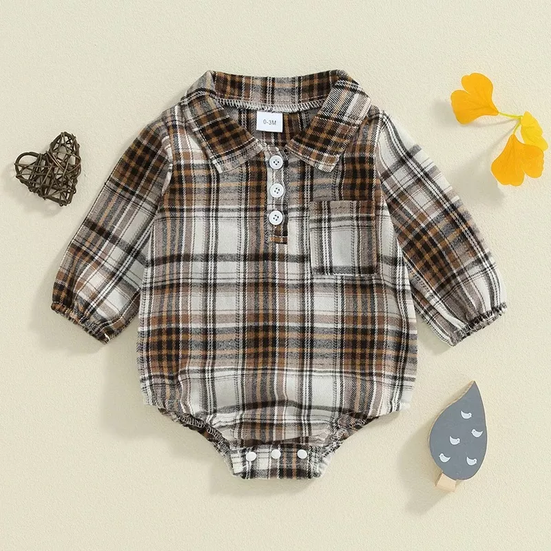 Baby Boy Plaid Romper with Lapel Neck