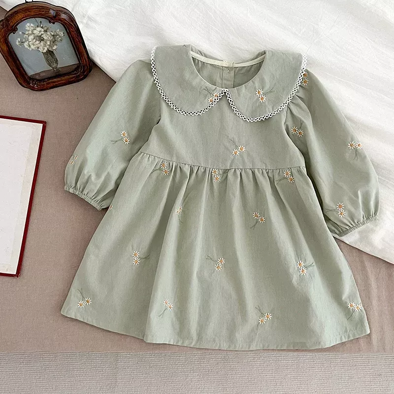 Autumn Girls Long Sleeve Princess Dress with Doll Neck and Embroidered Flowers - Image 6