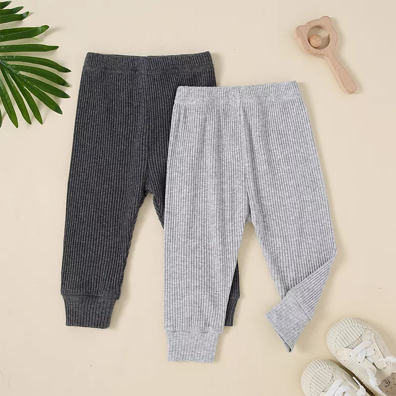 Baby Boy Jogger Pants - Solid Color Ribbed Elastic Waist Casual Sweatpants - Image 2