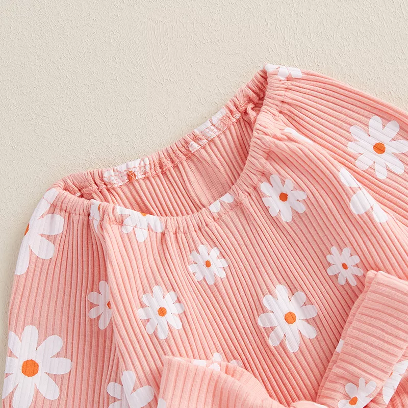 Baby Girl Ribbed Romper Dress - Floral Print, Bell Sleeve Bodysuit with Bow Waistband - Image 5