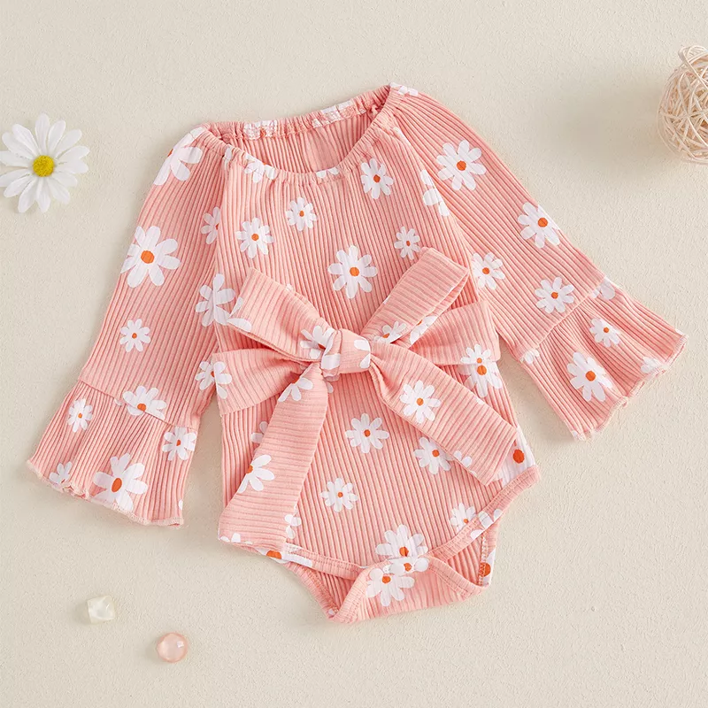 Baby Girl Ribbed Romper Dress - Floral Print, Bell Sleeve Bodysuit with Bow Waistband - Image 4