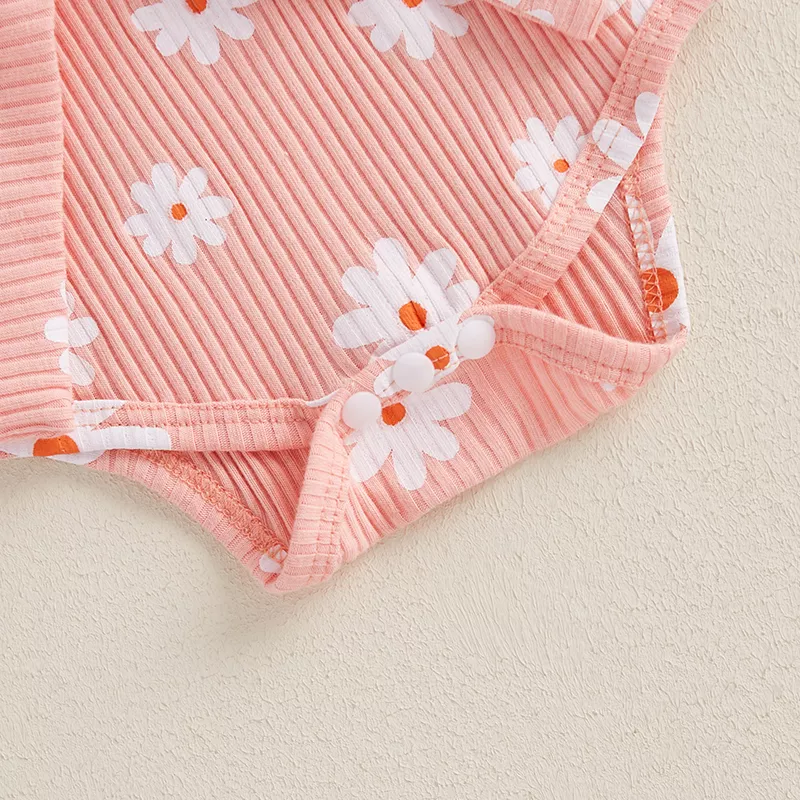 Baby Girl Ribbed Romper Dress - Floral Print, Bell Sleeve Bodysuit with Bow Waistband - Image 7