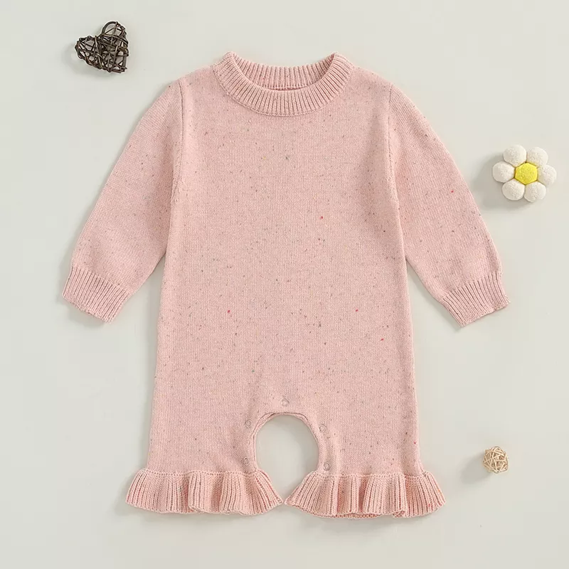 Baby Girls Solid Color Long Sleeve Flare Sweater Romper Jumpsuit - Image 4