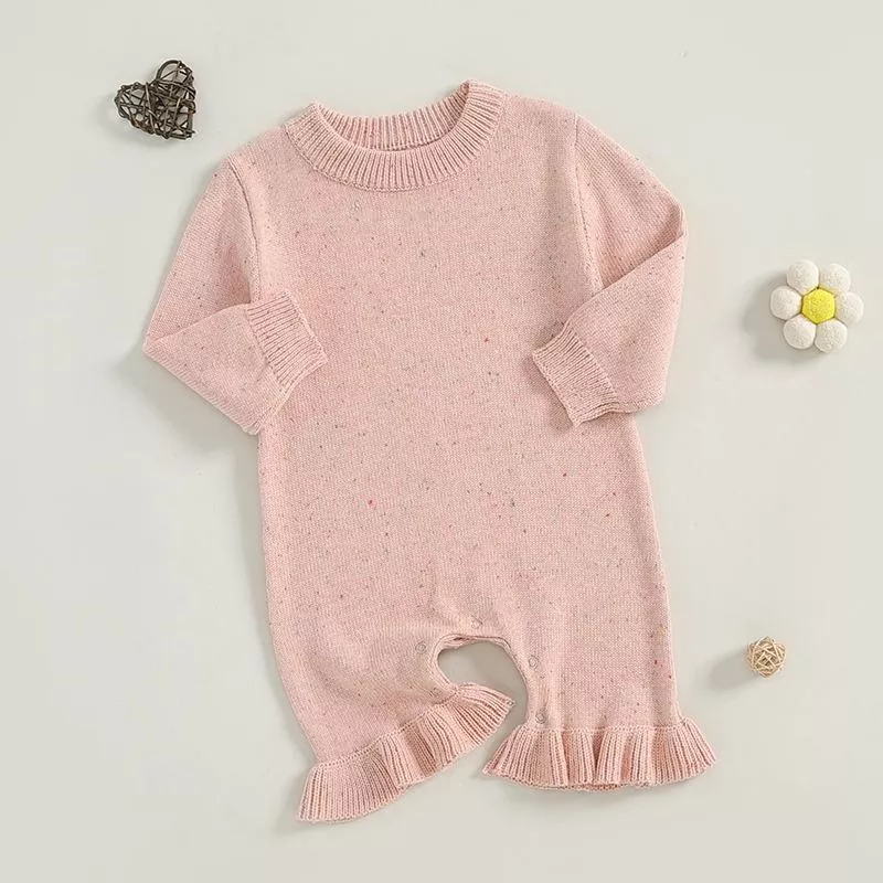 Baby Girls Solid Color Long Sleeve Flare Sweater Romper Jumpsuit