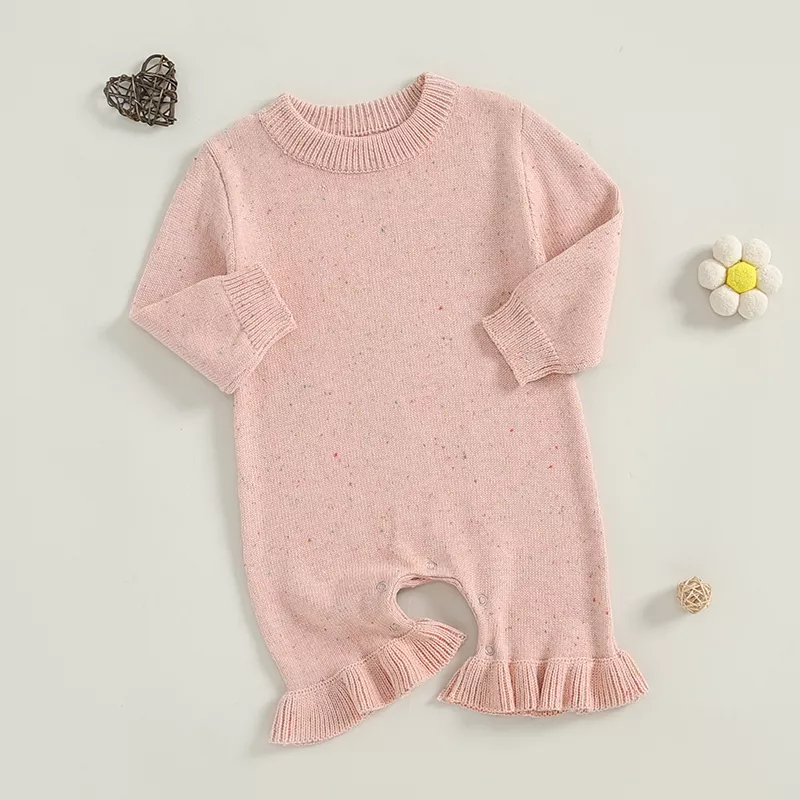 Baby Girls Solid Color Long Sleeve Flare Sweater Romper Jumpsuit - Image 2