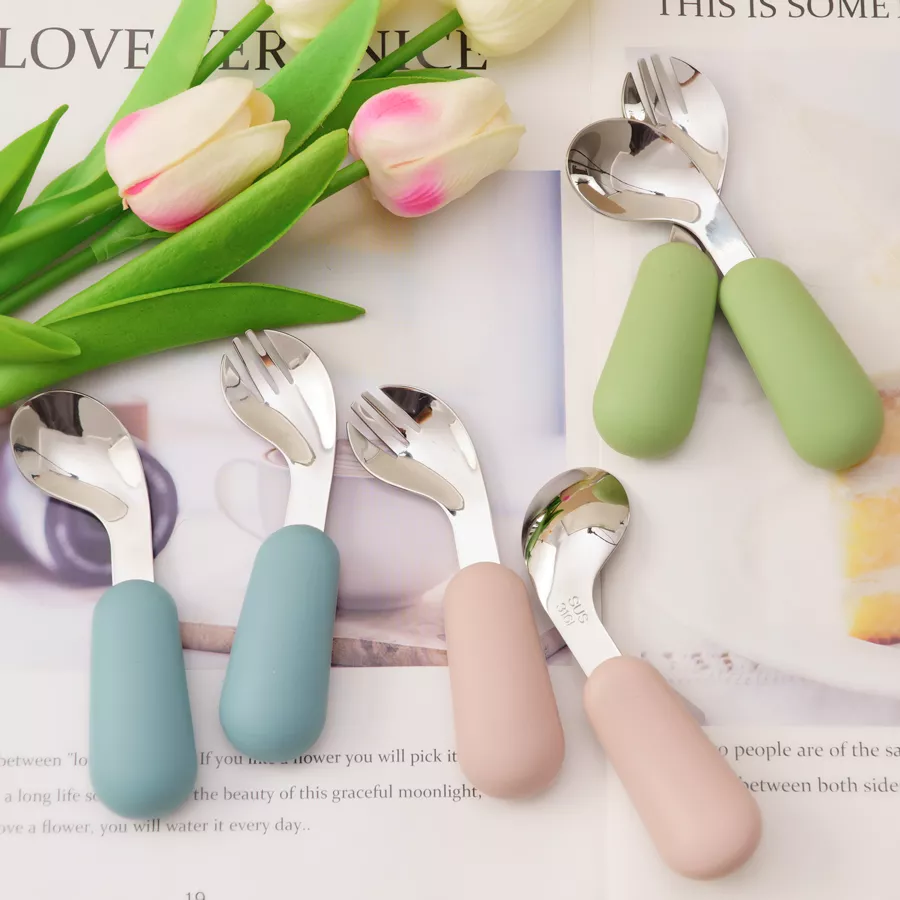 2PCS Baby Silicone and Stainless Steel Utensils - Fork & Spoon Feeding Set - Image 4