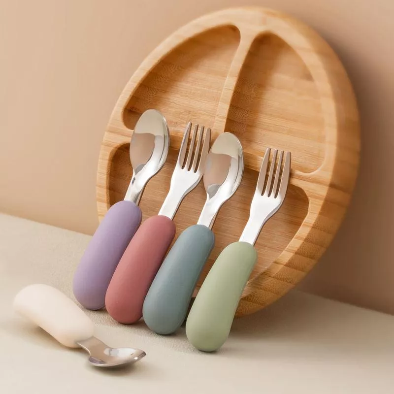 2PCS Silicone Stainless Steel Baby Fork and Spoon Set