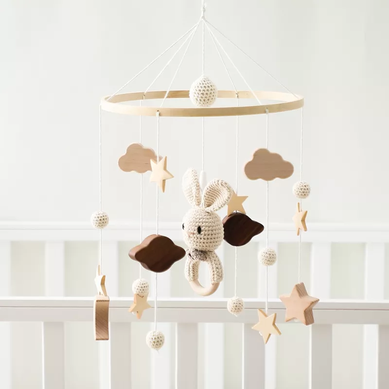 Wooden Rabbit Crib Mobile Bed Bell with Hanging Rattles for Babies - Image 7