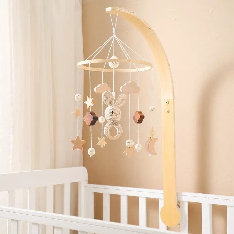 Wooden Rabbit Crib Mobile Bed Bell with Hanging Rattles for Babies - Image 8
