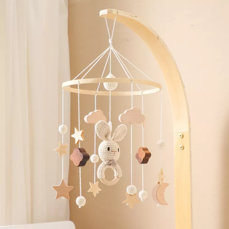 Wooden Rabbit Crib Mobile Bed Bell with Hanging Rattles for Babies - Image 3