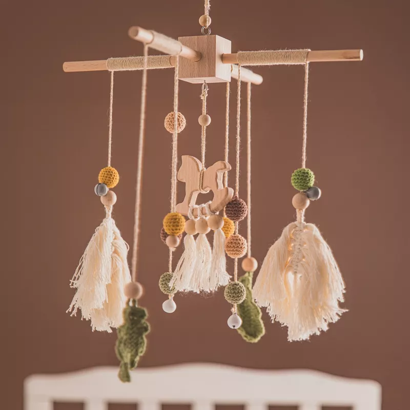 Baby Wooden Crib Mobile with Rainbow and Rattles - Image 2