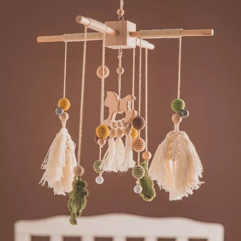 Baby Wooden Crib Mobile with Rainbow and Rattles