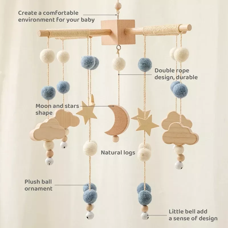 Wooden Baby Rattle Toy Mobile with Star & Moon Music Box for Crib - Image 4