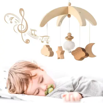 Wooden Baby Rattle Crib Mobile Toy with Rotating Music & Projection for Infants