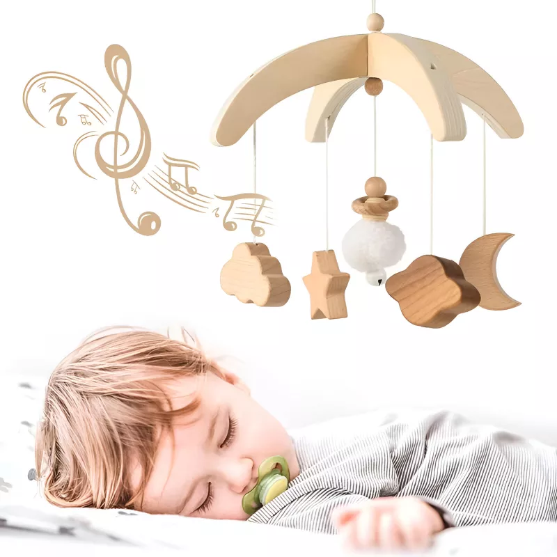Wooden Baby Rattle Crib Mobile Toy with Rotating Music & Projection for Infants