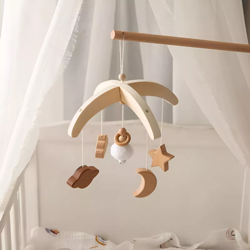 Wooden Baby Rattle Crib Mobile Toy with Rotating Music & Projection for Infants - Image 4