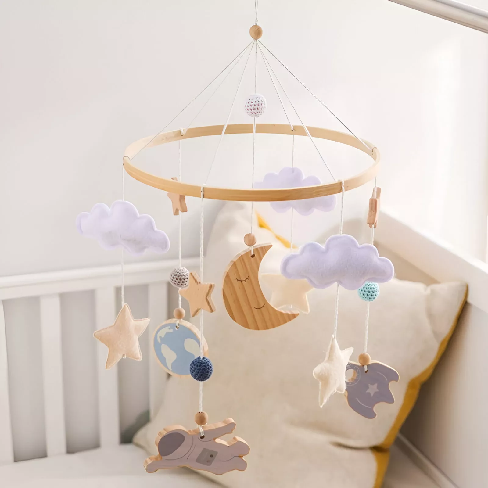Wooden Crib Mobile Holder with Rattles - Moon, Stars, and Astronaut Design - Image 2