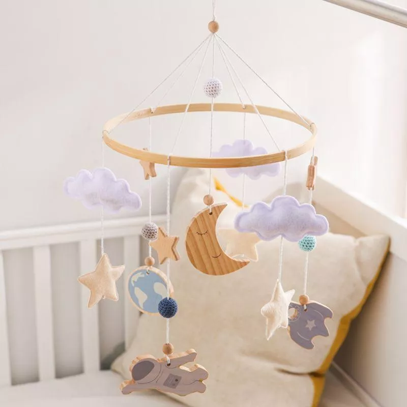 Wooden Crib Mobile Holder with Rattles - Moon, Stars, and Astronaut Design