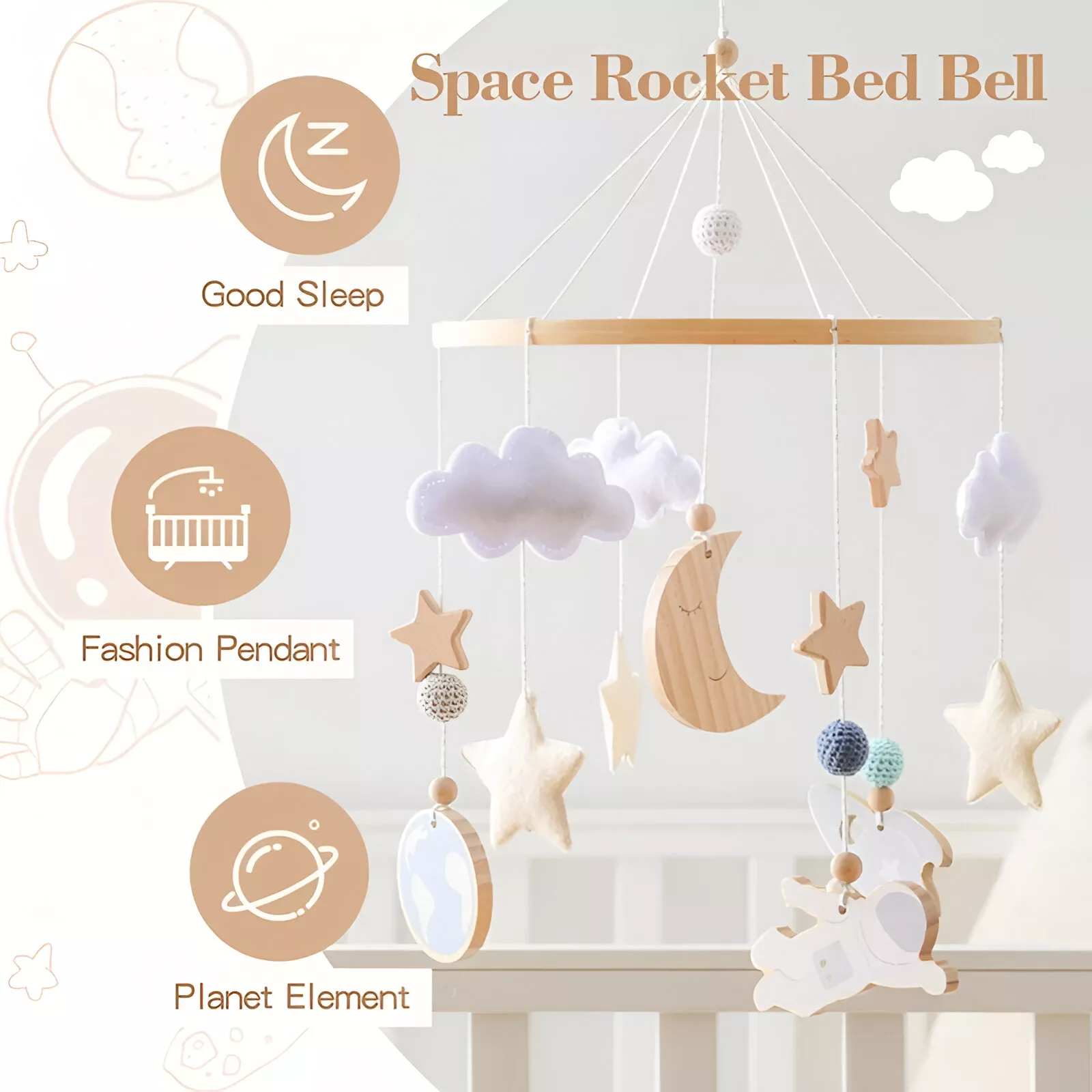 Wooden Crib Mobile Holder with Rattles - Moon, Stars, and Astronaut Design - Image 5