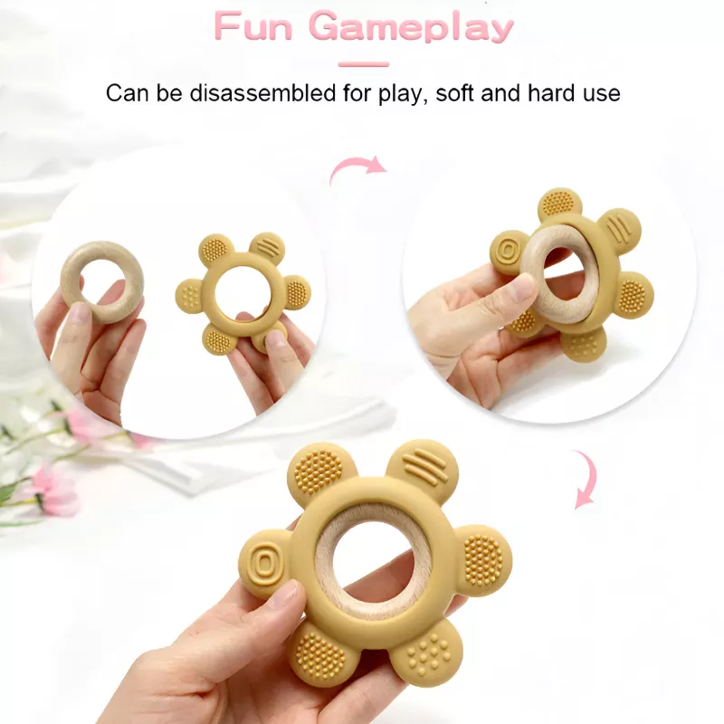 Silicone Rudder Baby Teether Toy with Wooden Ring - Image 3