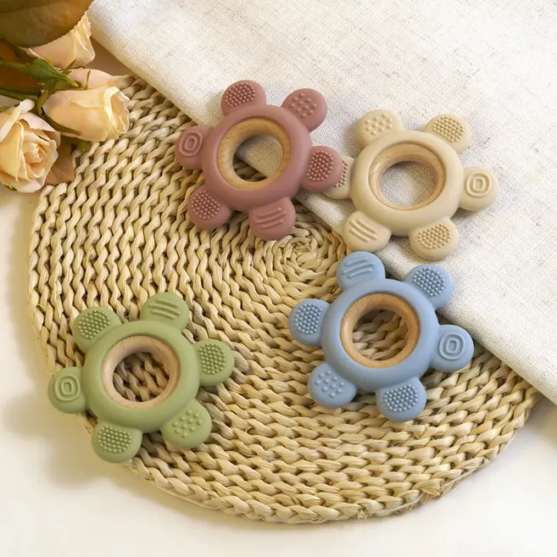 Silicone Rudder Baby Teether Toy with Wooden Ring - Image 2