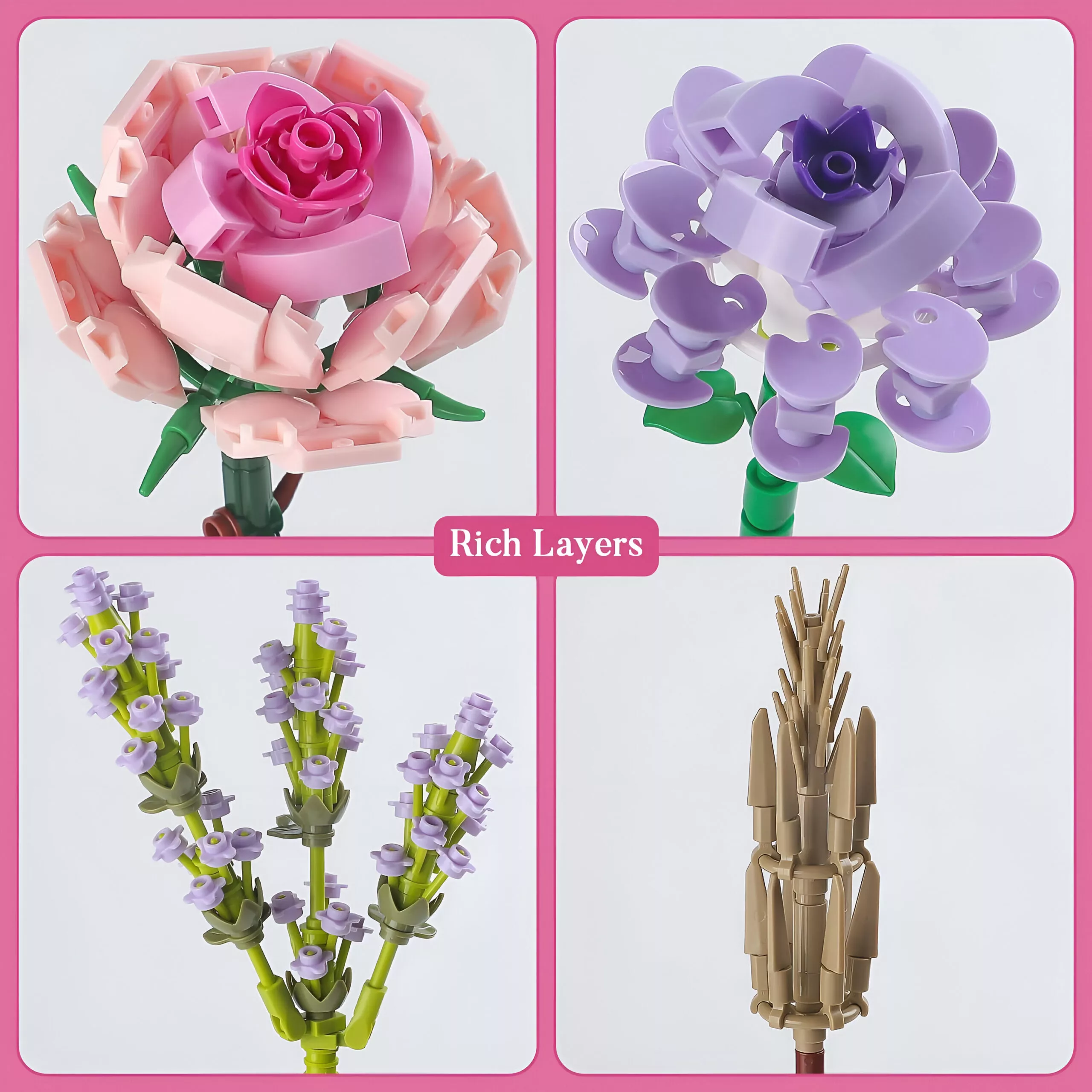 Pink Rose & Lavender Flower Bouquet Building Blocks - Image 4